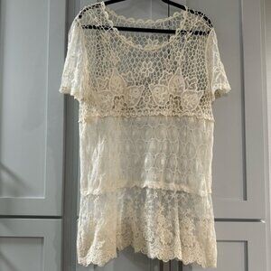 Ivory Lace Crochet Short Sleeved Tunic feminine bohemian festival coverup medium